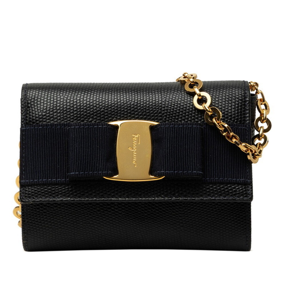 Salvatore Ferragamo Vara Ribbon Mini Chain Shoulder Bag AQ-213202 Navy Leathe...
